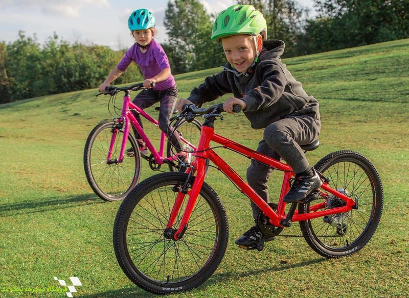 دو کودک در حال دوچرخه سواری بر روی چمن